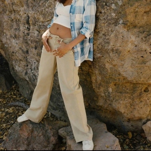 American Eagle Outfitters Pants - American Eagle Women's Skater Trouser Khaki Baggy Wide Leg Pants Tan Sz 16 Short